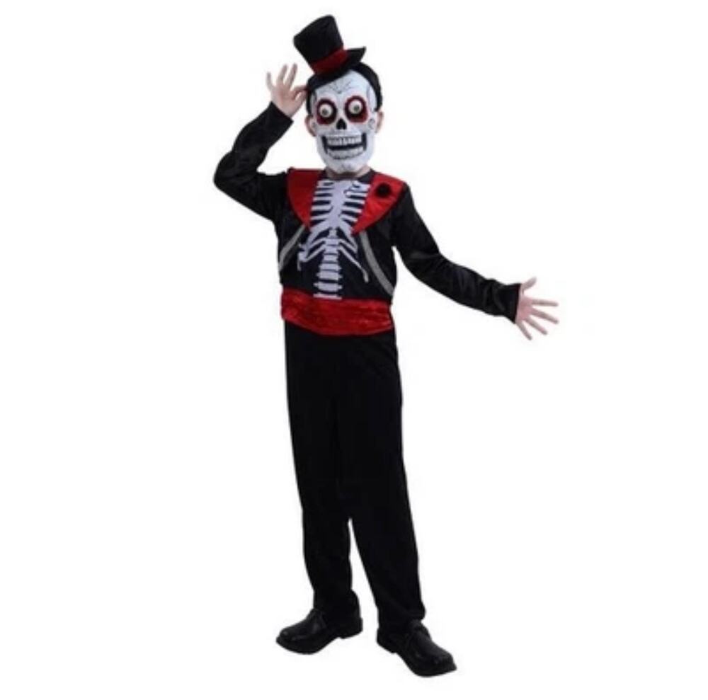 Day of the Dead Googly Eyed Skeleton Halloween Costume Kids Size M (8) Black NEW